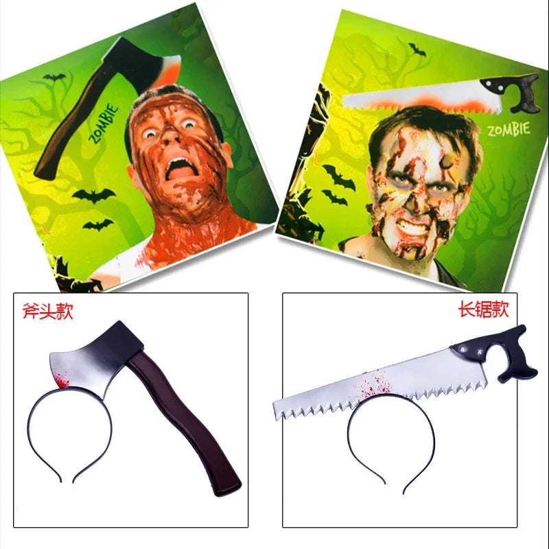 Halloween Horror Props Blood Fake Ax Saws Knife Headband for Halloween Party Masquerade Mischief Props Decoration Supplies