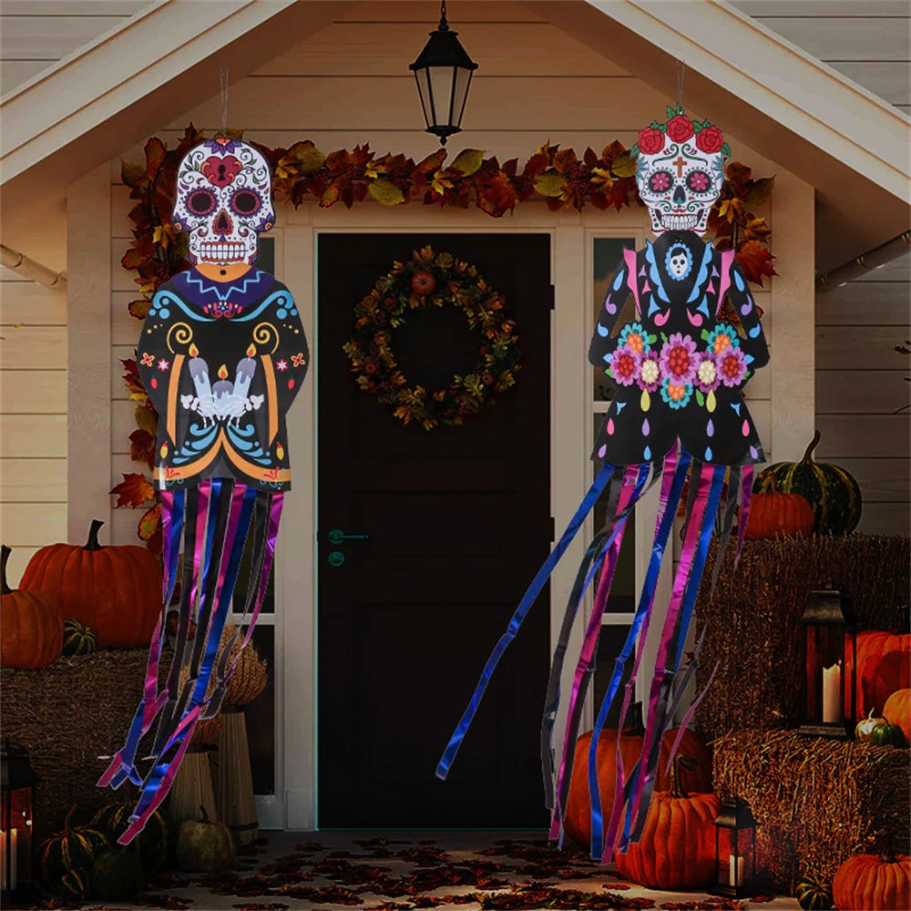 1.3m Mexico Day of the Dead Porch Sign Halloween Party Outdoor Decor Skeleton Ghost Couple Bride Groom Patio Door Hanging Flag