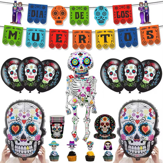 Day of the Dead Decorations Dia De Los Muertos Banner Sugar Skull Garland Cake Toppers Skull Balloon Mexican Fiesta Party Decors