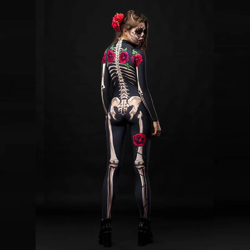 Halloween Cosplay Long Sleeve Jumpsuit Carnival Party Tight Rompers Day of The Dead Rose Skeleton Adult Women Scary Costume