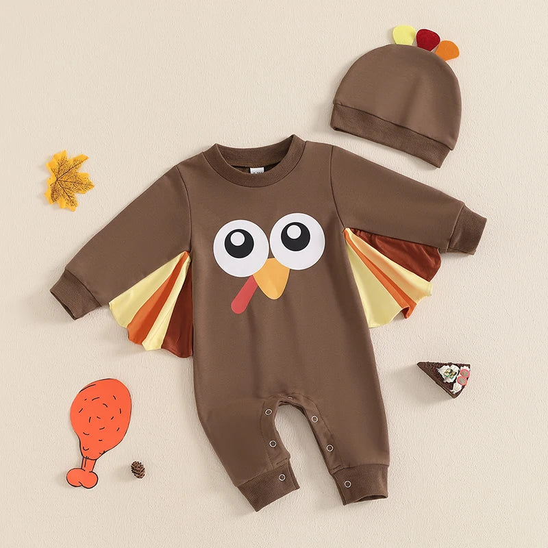 Baby Thanksgiving Turkey Costume Long Sleeves Round Neck Contrast Color Jumpsuit Crest Hat Outfits