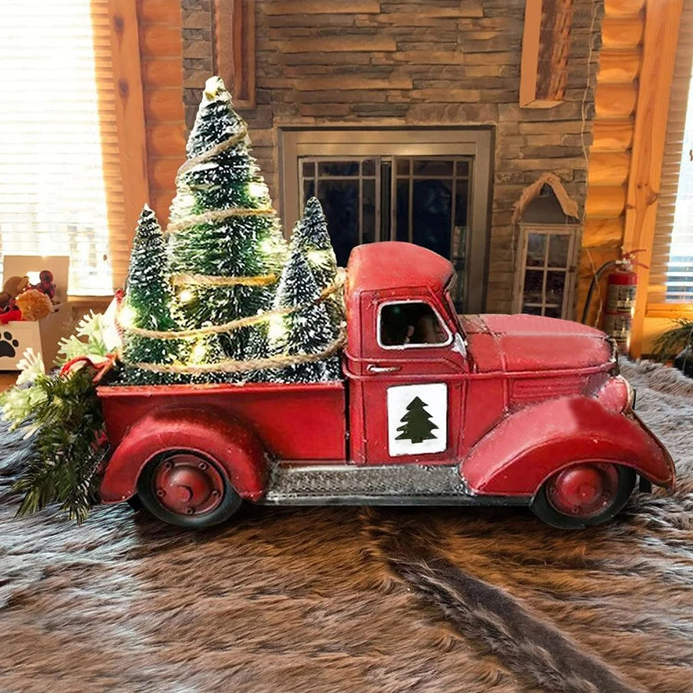 Christmas Red Truck Automobile Car with Lights Boy Gift Resin Ornament Craft Waterproof Garden Yard Tree Decoration Home Decor