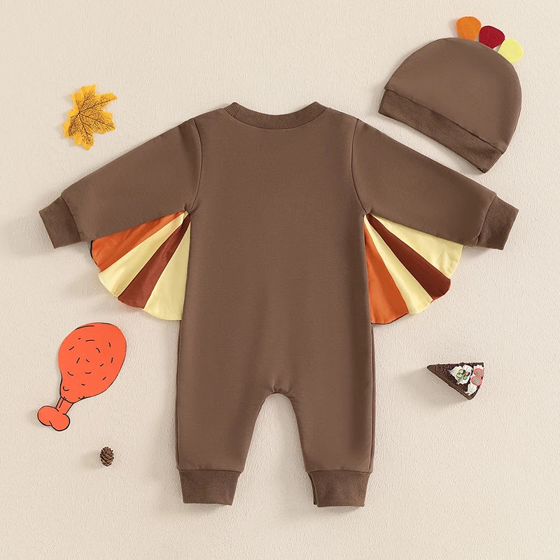 Baby Thanksgiving Turkey Costume Long Sleeves Round Neck Contrast Color Jumpsuit Crest Hat Outfits