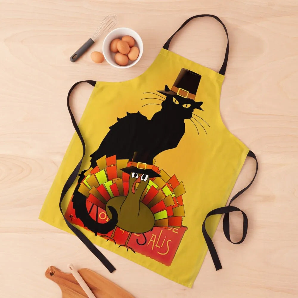 Thanksgiving Le Chat Noir With Turkey Pilgrim Apron Women's Home Clothes Costume Waiter Kitchen Chef Waterproof women Apron