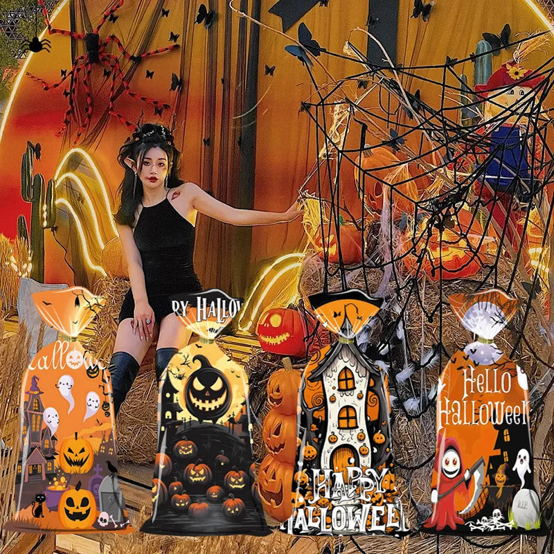 50pcs Halloween Gift Candy Bags Biscuilts Snack Plastic Packing Bags Party Favors Baking Decor Holder Goody Bag Parties Supply