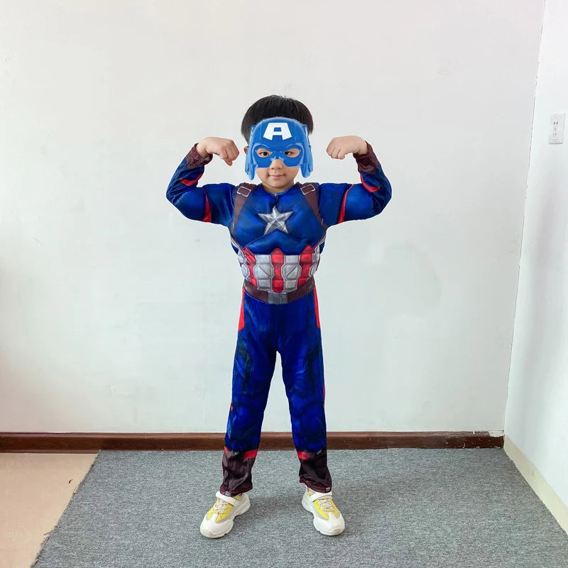 Child Captain America Costume Kids Superhero Captain America Cosplay Muscle Costumes Jumpsuit Shield Suit Halloween Clothes