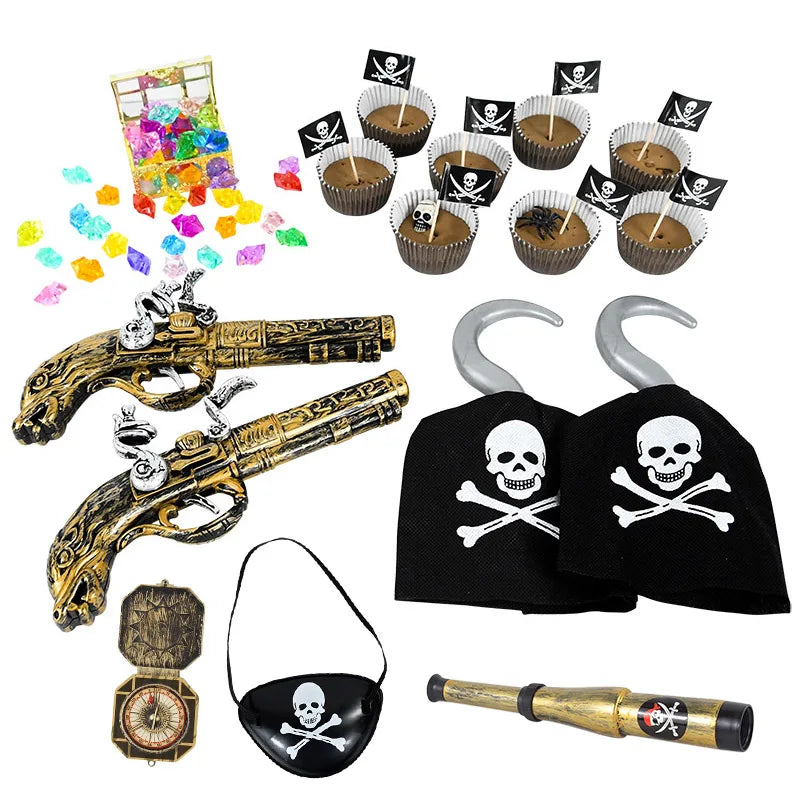 Pirate Theme Party Decoration Pirate Captain Hat Patch Pistol Treasure Toys For Kids Birthday Party Decor Halloween Cosplay Prop